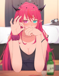 absurdres aqua_eyes arms_up bare_arms bare_shoulders bed beer_bottle black_camisole black_halo bloom_(irys) blurry blurry_background blurry_edges blush breasts camisole cheseu cleavage collarbone commentary covered_erect_nipples elbow_rest elbows_on_table english_commentary furrowed_brow gloom_(irys) hair_over_shoulder halo heterochromia highres hololive hololive_english horns indoors irys_(hololive) long_hair long_sidelocks looking_at_viewer medium_breasts penetration_gesture pink_eyes pink_nails pink_scrunchie pointy_ears red_hair scrunchie sidelocks sleeveless spaghetti_strap star_halo strap_slip table virtual_youtuber wrist_cuffs wrist_scrunchie