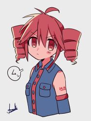 1girl angry antenna_hair black_shirt black_sleeves blush buttons closed_mouth collared_shirt detached_sleeves double-parted_bangs drill_hair hair_between_eyes jealous kasane_teto kasane_teto_(utau) red_eyes red_hair shirt signature sleeveless sleeveless_shirt solo twin_drills upper_body utau white_background yuusuke-kun