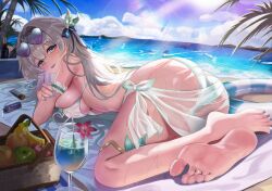 1girl absurdres alternate_costume apple aqua_hair ass banana beach beach_towel bikini blue_nails blush breasts commentary cup day drinking_glass feet fingernails firefly_(honkai:_star_rail) food from_behind fruit full_body gradient_hair green_apple grey_hair hair_between_eyes heart heart-shaped_pupils highres honkai:_star_rail honkai_(series) large_breasts long_hair looking_at_viewer lying multicolored_hair nail_polish on_stomach outdoors parted_lips purple-tinted_eyewear purple_nails solo starlip sunlight swimsuit symbol-shaped_pupils tinted_eyewear toenails towel very_long_hair water wet white_bikini wine_glass