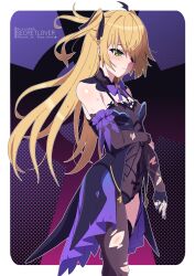 1girl absurdres black_choker black_leotard black_ribbon blonde_hair blush breasts cape choker detached_sleeves eyepatch fischl_(genshin_impact) genshin_impact green_eyes hair_ribbon highres leotard long_hair nail_polish pantyhose purple_cape purple_nails ribbon sebunsu single_leg_pantyhose small_breasts solo standing sweatdrop torn_clothes torn_pantyhose torn_sleeves twintails very_long_hair waist_cape