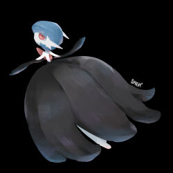 Rule 34 | 1girl, alternate color, arms up, artist name, backless dress, backless outfit, bare shoulders, black background, black dress, black gloves, black theme, blue hair, bob cut, closed mouth, colored skin, dress, elbow gloves, female focus, from behind, full body, gardevoir, gen 3 pokemon, gloves, long dress, looking at viewer, looking back, mega gardevoir, mega pokemon, nintendo, no feet, no lineart, outstretched arms, pokemon, pokemon (creature), red eyes, shiba (shiba 29), shiny pokemon, short hair, signature, simple background, solo, strapless, strapless dress, white skin
