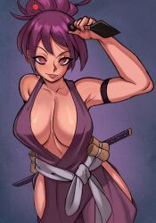 1girl absurdres assassin breasts highres jigokuraku kaimecha katana kunai ninja large_breasts newgrounds newgrounds_username no_bra purple_eyes purple_hair simple_background smile solo sword weapon yuzuriha_(jigokuraku)