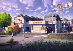 absurdres bicycle blue_sky building car cat cloud commentary_request fence garage grass highres house motor_vehicle no_humans original outdoors power_lines radio_antenna road sana_dn scenery shadow sky street traffic_mirror trash_can tree utility_pole vending_machine