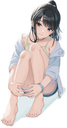 barefoot commentary_request feet foot_focus foot_out_of_frame highres idolmaster idolmaster_shiny_colors jacket kazano_hiori layered_shirt light_smile long_hair miniskirt ntn00a open_clothes open_jacket patch ponytail skirt strap tagme