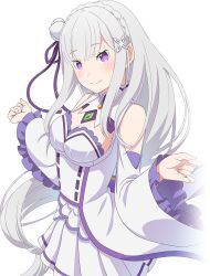 1girl bare_shoulders blue_pupils blunt_bangs braid breasts cleavage closed_mouth crown_braid dress elf emilia_(re:zero) flower gem green_gemstone grey_hair hair_flower hair_ornament hair_ribbon hands_up head_tilt highres light_blush long_hair long_sleeves looking_at_viewer medium_breasts off-shoulder_dress off_shoulder official_art pleated_dress pointy_ears purple_eyes purple_ribbon re:zero_kara_hajimeru_isekai_seikatsu re:zero_kara_hajimeru_isekai_seikatsu_witch&#039;s_re:surrection ribbon sidelocks simple_background smile solo transparent_background white_dress white_flower wide_sleeves x_hair_ornament