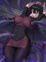 Rule 34 | 1boy, 1girl, arms up, black bodysuit, black hair, bodysuit, breasts, commentary request, covered navel, crop top, energy, grabbing another&#039;s breast, groping, gym leader, large breasts, letdie1414, long hair, nintendo, pokemon, pokemon lgpe, poking, poking belly, red eyes, sabrina (pokemon), side slit, turtleneck