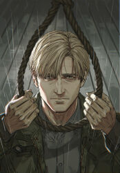 1boy absurdres brown_hair buttons closed_mouth coat commentary english_commentary green_coat grey_shirt highres james_sunderland looking_at_viewer male_focus noose nyeigneous shirt short_hair silent_hill_(series) silent_hill_2 solo wooden_floor