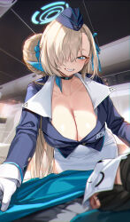 1boy 1girl airplane_interior asuna_(blue_archive) asymmetrical_bangs blanket blue_archive blue_eyes blue_halo blue_jacket braid braided_bun breasts choker cleavage covering_with_blanket doodle_sensei_(blue_archive) employee_uniform flight_attendant formal_clothes garrison_cap gloves grin hair_bun hair_over_one_eye halo hat highres jacket large_breasts light_brown_hair long_bangs mole mole_on_breast pencil_skirt pinkmill sensei_(blue_archive) skirt skirt_suit smile suit travel_attendant white_gloves white_skirt