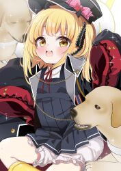 1girl black_coat black_dress black_hat blonde_hair bloomers blue_archive blush boots bow child coat collared_shirt commentary_request dog dress flat_chest halo hat hat_bow highres horns ibuki_(blue_archive) long_hair long_sleeves neck_ribbon open_mouth peaked_cap pinafore_dress pink_bow red_ribbon ribbon shirt short_dress side_ponytail sleeveless sleeveless_dress sleeves_past_fingers sleeves_past_wrists smile solo teeth underwear upper_teeth_only white_bloomers white_shirt yashiro_ryo yellow_boots yellow_eyes yellow_halo