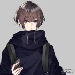 1boy blue_jacket brown_hair cellphone grey_background grey_eyes jacket looking_at_viewer male_focus menhera_shoujo_kurumi-chan nanase_taichi phone short_hair solo solo_focus