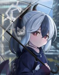 Rule 34 | 1girl, absurdres, am3lo, artist name, backpack, bag, black bag, black choker, black hair, black hoodie, black horns, blue archive, choker, city lights, cityscape, demon horns, demon wings, double-parted bangs, expressionless, grey cat, grey halo, hair between eyes, halo, highres, holding, holding umbrella, hood, hoodie, horns, kayoko (blue archive), looking at viewer, mole, mole on neck, multicolored hair, outdoors, ponytail, print hoodie, rain, red eyes, sidelocks, single wing, solo, transparent, transparent umbrella, two-tone hair, umbrella, upper body, water drop, white hair, wings