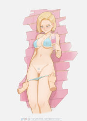 1boy 1girl absurdres against_wall android_18 bartolomeobari blonde_hair blue_eyes blush breasts cleft_of_venus cup dragon_ball dragonball_z drink drinking_glass earrings highres jewelry large_breasts panties panty_pull pussy swimsuit tan tanline uncensored underwear undressing_another