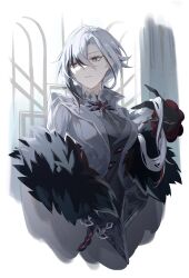 Rule 34 | 1girl, arlecchino (genshin impact), black hair, breasts, coat, commentary request, earrings, genshin impact, grey coat, grey hair, haru same322, highres, jewelry, long hair, medium breasts, multicolored hair, parted lips, solo, streaked hair, upper body