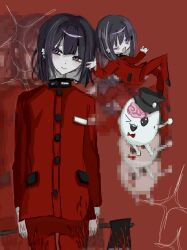 Rule 34 | 1boy, black hat, blood, blood on axe, blood on clothes, blood on hands, bloody weapon, bow, bowtie, brain, chibi, chibi inset, closed mouth, full body, hat, highres, long sleeves, looking at viewer, matching hair/eyes, one eye closed, open mouth, purple eyes, purple hair, red background, red bow, sirei (hundred line), smile, standing, the hundred line -last defense academy-, tsukumo ima, weapon, wink