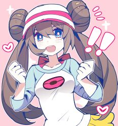 ! !! 1girl :d blue_eyes blush brown_hair commentary double_bun hair_between_eyes hair_bun heart highres long_hair nintendo open_mouth pink_background pkm_lemon pokemon pokemon_bw2 rosa_(pokemon) shirt smile solo symbol-only_commentary teeth three-quarter_sleeves twintails upper_body upper_teeth_only visor_cap