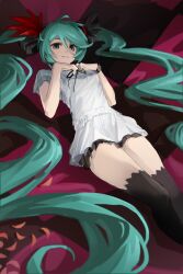 1girl :3 absurdres ahoge aqua_eyes aqua_hair aqua_nails black_ribbon black_thighhighs blurry bracelet breasts closed_mouth feet_out_of_frame hair_ornament hatsune_miku hatsune_miku_(supreme) highres jewelry long_hair looking_at_viewer lying on_back own_hands_together petals project_diva project_diva_(series) ribbon shirt short_sleeves small_breasts solo thighhighs tlseone twintails very_long_hair vocaloid white_shirt world_is_mine_(vocaloid)