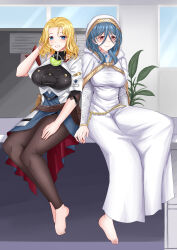 2girls absurdres adjusting_hair alternate_costume blonde_hair blue_eyes blue_hair breasts cosplay costume_switch dress fire_emblem fire_emblem:_the_sacred_stones grin hair_between_eyes highres honkai:_star_rail honkai_(series) hood indoors large_breasts leggings long_sleeves medium_breasts medium_hair multiple_girls name_connection natasha_(fire_emblem) natasha_(fire_emblem)_(cosplay) natasha_(honkai:_star_rail) natasha_(honkai:_star_rail)_(cosplay) nintendo note nun office on_table plant red_eyes rynn_(darknescorez) short_hair short_sleeves sidelocks sitting smile table window