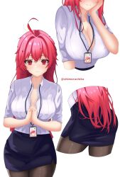 1girl artist_name ass back black_skirt blush breasts brown_pantyhose business_suit collared_shirt commentary contemporary detached_collar dress_shirt face_hold face_in_hands formal_clothes from_behind goddess_of_victory:_nikke highres holding id_card lanyard large_breasts long_hair looking_at_viewer nihilister_(nikke) non-web_source office office_lady pantyhose pencil_skirt red_eyes red_hair self-upload shimoruchiko shirt signature simple_background skirt skirt_suit smile solo standing suit thighs twitter_username watermark white_shirt