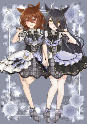 Rule 34 | 2girls, absurdres, agnes tachyon (umamusume), ahoge, animal ears, black corset, black hair, black skirt, blue skirt, border, bow, bowtie, breasts, brown hair, collar, corset, crea tiramisu, dress, ear ornament, ear tag, earrings, frilled collar, frills, grey background, grey dress, hair between eyes, high heels, highres, holding, holding microphone, horse ears, horse girl, jewelry, long hair, looking at viewer, manhattan cafe (umamusume), medium hair, microphone, multicolored hair, multiple girls, open mouth, ornate border, pink hair, plaid clothes, plaid footwear, pleated skirt, purple bow, purple bowtie, red eyes, showgirl skirt, single earring, skirt, small breasts, standing, standing on one leg, umamusume, very long hair, white hair, white skirt, yellow eyes