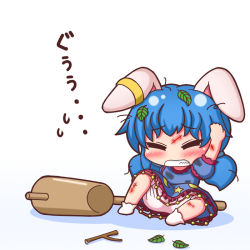 1girl animal_ears bloomers blue_dress blue_hair bobby_socks chibi clenched_teeth closed_eyes dress female_focus grouse01 injury kine leaf low_twintails mallet pain puffy_short_sleeves puffy_sleeves rabbit_ears seiran_(touhou) short_sleeves simple_background socks solo teeth touhou translated twintails underwear upskirt