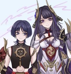 1boy 1girl armor arms_at_sides asymmetrical_clothes black_hair black_shirt blunt_bangs blunt_ends brother_and_sister closed_mouth cropped_shirt delisha_lia doll_joints electro_symbol_(genshin_impact) eyelashes eyeliner eyeshadow fake_horns genshin_impact gold grey_pupils height_difference helmet highres horns japanese_armor joints kabuto_(helmet) leaning_to_the_side long_hair looking_at_another looking_at_viewer makeup mitsudomoe_(shape) mole mole_under_eye multicolored_hair purple_eyes purple_hair purple_pupils purple_shrug raiden_shogun raiden_shogun_(magatsu_mitake_narukami_no_mikoto) red_eyeliner red_eyeshadow red_rope rope scaramouche_(genshin_impact) scaramouche_(shouki_no_kami)_(genshin_impact) shirt siblings signature single_sode sleeveless sleeveless_shirt smile split_mouth streaked_hair string swept_bangs tomoe_(symbol) very_long_hair white_background wispy_bangs