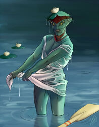 1boy alien crossdressing drying drying_clothes flower flower_on_head highres javik_(mass_effect) lily_(flower) mass_effect_(series) oar pin_up prothean solo solo_focus thanekriosaddict-blog tumblr water wet wet_clothes