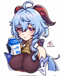 1girl ahoge bare_shoulders bell black_gloves blue_hair bodystocking bodysuit breasts brown_bodysuit brown_eyes brown_horns closed_mouth commentary cowbell cropped_torso detached_sleeves english_commentary ganyu_(genshin_impact) genshin_impact gloves goat_horns hair_between_eyes highres holding holding_milk_carton horns large_breasts long_hair looking_at_viewer milk_carton neck_bell rotomdocs sidelocks simple_background sleeveless sleeveless_bodysuit smile solo white_background white_sleeves