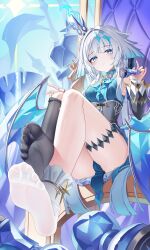 1girl absurdres asymmetrical_footwear bishop_(chess) black_socks blue_dress blue_eyes blue_hair breasts cerydra_(honkai:_star_rail) chess_piece commentary_request crown dress feet foot_focus hair_intakes highres holding holding_chess_piece honkai:_star_rail honkai_(series) jndfh king_(chess) long_hair looking_at_viewer mini_crown mismatched_footwear parted_lips pawn_(chess) rook_(chess) sitting_on_throne small_breasts socks soles solo thigh_strap thighs uneven_footwear white_socks wings