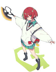 1girl absurdres amate_yuzuriha aqua_eyes aqua_shirt aqua_skirt axe bag battle_axe black_boots boots collared_shirt commentary dress_shirt full_body gundam gundam_gquuuuuux hamayumiba_sou heat_hawk highres holding holding_axe holding_weapon initial long_sleeves miniskirt pleated_skirt red_bag red_hair school_uniform shirt short_hair shoulder_bag simple_background skirt solo standing sweater v-neck weapon white_background white_sweater