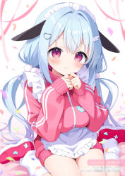1girl aoi_yun apron blue_hair censored closed_mouth confetti frilled_apron frills hair_between_eyes hair_intakes hair_ornament hands_up heart heart_hair_ornament highres jacket jersey_maid long_hair long_sleeves looking_at_viewer loose_socks low_twintails maid maid_headdress mosaic_censoring original own_hands_together pink_jacket puffy_long_sleeves puffy_sleeves red_eyes red_shoes shoes sitting smile socks solo track_jacket twintails unconventional_maid very_long_hair wariza white_apron white_socks wing_hair_ornament