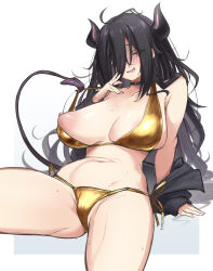 1girl absurdres bikini black_hair blush breasts comdost demon_tail gold_bikini highres horns large_areolae large_breasts long_hair nipples one_breast_out original sitting solo stomach swimsuit tail