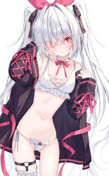 1girl absurdres bikini black_jacket black_ribbon breasts choker commentary frilled_bikini frilled_choker frills hair_over_one_eye hair_ribbon highres jacket long_hair navel open_clothes open_jacket original pink_eyes pink_ribbon ribbon side-tie_bikini_bottom simple_background small_breasts solo somnya swimsuit symbol-only_commentary symbol-shaped_pupils thigh_strap very_long_hair white_background white_bikini white_choker white_hair x-shaped_pupils