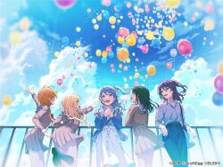 5girls balloon bang_dream! black_hair blonde_hair blue_hair brown_dress cloud cloudy_sky dress hanasakigawa_school_uniform hello_happy_world! kitazawa_hagumi light_blue_hair long_hair long_sleeves looking_at_another looking_at_viewer looking_to_the_side matsubara_kanon medium_hair multiple_girls official_art okusawa_misaki one_side_up open_mouth orange_hair purple_eyes purple_hair red_eyes sailor_collar sailor_dress school_uniform seta_kaoru short_hair sky tsurumaki_kokoro white_sailor_collar yellow_eyes