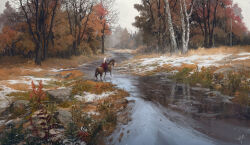 Rule 34 | 1girl, armor, autumn, autumn leaves, bare tree, cape, forest, from behind, from side, grass, highres, horns, horseback riding, landscape, leaf, nature, original, painterly, plant, red cape, refiend, reflection, reflective water, riding, river, rock, scenery, signature, snow, snowing, tree, water, white hair, winter