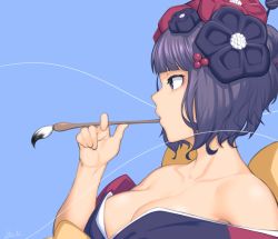 1girl black_eyes blue_background breasts calligraphy_brush closed_mouth dyun fate/grand_order fate_(series) from_side hair_bun hair_ornament hair_stick hand_up holding holding_brush japanese_clothes katsushika_hokusai_(fate) kimono large_breasts long_sleeves off_shoulder paintbrush profile purple_hair purple_kimono sash short_hair simple_background single_hair_bun solo upper_body wide_sleeves
