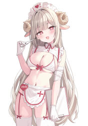 Rule 34 | 1girl, :d, animal ears, apron, bandaged arm, bandages, bare shoulders, bikini, blush, breasts, brown hair, cleavage, commentary request, fang, frilled apron, frills, gloves, hair intakes, hand up, heart, heart-shaped pupils, holding, horns, large breasts, long hair, looking at viewer, navel, nurse, open mouth, original, saeki sora, sheep ears, sheep girl, sheep horns, shrug (clothing), simple background, smile, solo, swimsuit, symbol-shaped pupils, thermometer, very long hair, waist apron, white apron, white background, white bikini, white gloves