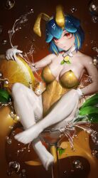1girl absurdres animal_ears bao_(vtuber) bare_shoulders blue_hair breasts breasts_apart cetacean_tail choker cocktail_glass collarbone commentary crossed_ankles cup drinking_glass fake_animal_ears fins fish_tail food fruit full_body gloves gradient_background hashtag-only_commentary highres ice ice_cube indie_virtual_youtuber large_breasts lemon lemon_ornament lemon_slice leotard looking_to_the_side numanoan orange_background orange_eyes pantyhose parted_lips rabbit_ears short_hair sitting solo symbol-only_commentary tail thick_bangs virtual_youtuber water whale_girl white_choker white_gloves white_pantyhose yellow_leotard