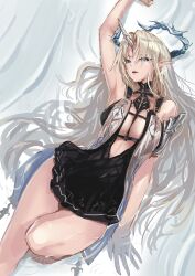 1girl absurdres arm_up bare_shoulders black_collar black_dress blonde_hair blue_eyes breasts collar commentary_request crown_of_thorns cyk_(cyk451) dress fleurdelys_(wuthering_waves) foot_out_of_frame from_above highres horns knee_up large_breasts long_hair lying on_back parted_lips partially_submerged pointy_ears single_horn solo tabard tacet_mark_(wuthering_waves) very_long_hair wet white_tabard wuthering_waves yellow_horns