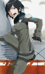 Rule 34 | 10s, 1girl, aldnoah.zero, amifumi inko, black hair, female focus, fingerless gloves, gloves, lostunicorn, marker (medium), military, military uniform, open mouth, purple eyes, short hair, solo, traditional media
