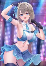 1girl animal_ears arm_garter arm_up armpits bare_shoulders beads black_gloves black_thighhighs blue_eyes blue_skirt bow braid breasts brown_hair collared_shirt crop_top extra_ears gloves hair_bow hand_up highres holding holding_microphone idol looking_at_viewer lutra_lutra medium_breasts microphone midriff miniskirt mole mole_under_eye navel necktie neneru open_mouth partially_fingerless_gloves rescute shirt short_hair short_necktie side_slit sideboob skirt sleeveless sleeveless_shirt smile solo square_live stage_lights standing stomach sweat thighhighs two-tone_shirt virtual_youtuber white_shirt zettai_ryouiki