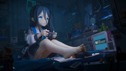 1girl absurdly_long_hair aqua_necktie arcade_stick aris_(blue_archive) bare_legs barefoot black_hair black_skirt blue_archive blue_eyes cable card chest_of_drawers clock closed_mouth collared_shirt controller crt curtains dark drawer famicom_gamepad feet female_focus figure foot_focus frown full_body game_controller gen_1_pokemon hair_between_eyes hairband halo handheld_game_console highres holding holding_handheld_game_console indoors jacket joystick leaning_forward loli long_bangs long_hair long_sleeves mat multicolored_jacket necktie nintendo nintendo_switch on_floor one_side_up open_clothes open_jacket panties pantyshot perspective pikachu plant playing_card playing_games pokemon pornhub potted_plant prehensile_toes propeller_hat rabbit_ears_antenna ringed_eyes shelf shijiuuuuuuu shirt sidelocks sitting skirt smiley_face solo sticky_note television toes two-tone_jacket underwear upskirt v-shaped_eyebrows very_long_hair wall_clock white_panties white_shirt