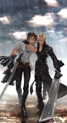 Rule 34 | 2boys, arm around shoulder, armor, belt, black cape, black footwear, black gloves, black jacket, black pants, black sleeves, black vest, blonde hair, boots, brown belt, brown hair, cape, chain, chain necklace, chest strap, closed eyes, cloud strife, fenrir (final fantasy), final fantasy, final fantasy vii, final fantasy vii advent children, final fantasy viii, first ken, fur-trimmed jacket, fur trim, fusion swords, gloves, grin, gunblade, hand on another&#039;s head, highres, holding, holding jacket, holding sword, holding unworn clothes, holding weapon, jacket, jewelry, leather, leather jacket, leather pants, male focus, multiple boys, necklace, outdoors, pants, parted lips, popped collar, rain, scar, scar on face, scar on forehead, shio ga, shirt, short hair, short sleeves, shoulder armor, single shoulder pad, single sleeve, smile, spiked hair, squall leonhart, sword, t-shirt, teeth, thigh strap, unworn jacket, vest, waist cape, weapon, wet, white fur, white shirt
