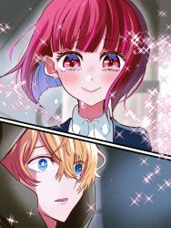 1boy 1girl arima_kana blonde_hair blue_eyes blush closed_mouth commentary_request dot_nose eyelashes highres hoshino_aquamarine ia34550364 open_mouth oshi_no_ko red_eyes red_hair short_hair smile tearing_up wide-eyed