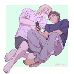 Rule 34 | 2boys, barefoot, black shorts, blonde hair, blue shirt, brown hair, cellphone, claude von riegan, claude von riegan (timeskip), closed eyes, closed mouth, commentary request, crossed arms, dark-skinned male, dark skin, dimitri alexandre blaiddyd, dimitri alexandre blaiddyd (timeskip), fingernails, fire emblem, fire emblem: three houses, green eyes, grey pants, holding, holding phone, male focus, multiple boys, nintendo, pants, phone, s hrsm, shirt, short hair, short sleeves, shorts, striped clothes, striped pants, sweatpants, twitter username, vertical-striped clothes, vertical-striped pants, white shirt, yaoi