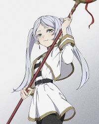 1girl absurdres belt black_belt black_pantyhose capelet dress earrings elf frieren green_eyes highres holding holding_staff jewelry natsume_hinako pantyhose pointy_ears shirt skirt sousou_no_frieren staff striped_clothes striped_shirt twintails white_background white_capelet white_dress white_hair