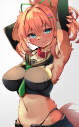1girl an_choby animal_collar animal_ears animal_nose armpits arms_up between_breasts black_bridal_gauntlets black_sailor_collar blue_eyes body_fur bone_hair_ornament breasts bridal_gauntlets collar crossed_bangs detached_collar dog_ears fang floppy_ears furry furry_female green_necktie hair_ornament high_ponytail highleg highleg_panties highres holding_own_arm large_breasts looking_at_viewer multicolored_fur navel necktie necktie_between_breasts open_fly orange_hair original panties ponytail sailor_collar simple_background skin_fang smile solo underwear white_background x_hair_ornament