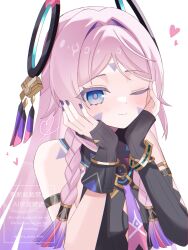 Rule 34 | 1girl, ;), asymmetrical gloves, bare shoulders, black gloves, blue eyes, blush, braid, citlali (genshin impact), closed mouth, facial mark, fingerless gloves, fingernails, floating headgear, forehead mark, genshin impact, gloves, gradient hair, hands on own face, headgear, heart, highres, kino (curry pan), long hair, looking at viewer, multicolored hair, nail polish, one eye closed, pink hair, pink pupils, purple hair, purple nails, simple background, smile, solo, triangle, triangle facial mark, twin braids, uneven gloves, very long hair, white background
