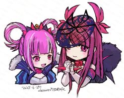 2girls artist_name blunt_bangs chizuru752830fe closed_mouth dated fascinator fire_emblem fire_emblem_engage gloves hair_rings half-siblings hortensia_(fire_emblem) ivy_(fire_emblem) looking_at_viewer mole mole_under_mouth multiple_girls nintendo open_mouth own_hands_together pink_eyes pink_hair purple_eyes purple_hair siblings sisters smile white_background white_gloves