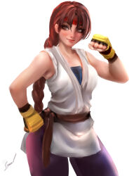 1girl braid braided_ponytail breasts brown_eyes brown_hair closed_mouth curvy dougi fingerless_gloves gloves hairband hand_on_own_hip headband huge_breasts large_breasts leggings long_hair onishinx orionm pale_skin pants red_headband shirt single_braid skirt smile smiley_face stanbl stanbl7 standing the_king_of_fighters thick_thighs thighs wide_hips yoga_pants yuri_sakazaki