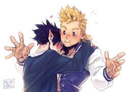 Rule 34 | 2boys, :i, affectionate, amajiki tamaki, arms around neck, arms up, blonde hair, blue eyes, blue hair, blue sweater, blush, boku no hero academia, closed mouth, collarbone, collared jacket, commentary, crew neck, dark blue hair, english commentary, flying sweatdrops, head on another&#039;s shoulder, heart, hug, jacket, letterman jacket, long sleeves, looking down, male focus, multiple boys, pointy ears, popped collar, shirt, short hair, signature, simple background, sweatdrop, sweater, syb, togata mirio, white background, white shirt, yaoi